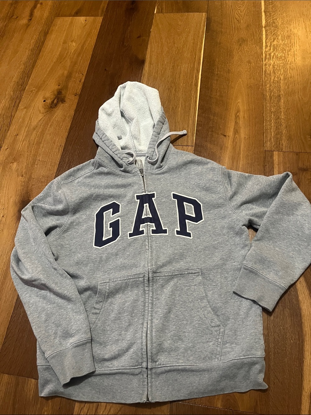 GAP Heather Gray Zip-Up Hoodie with Navy Logo